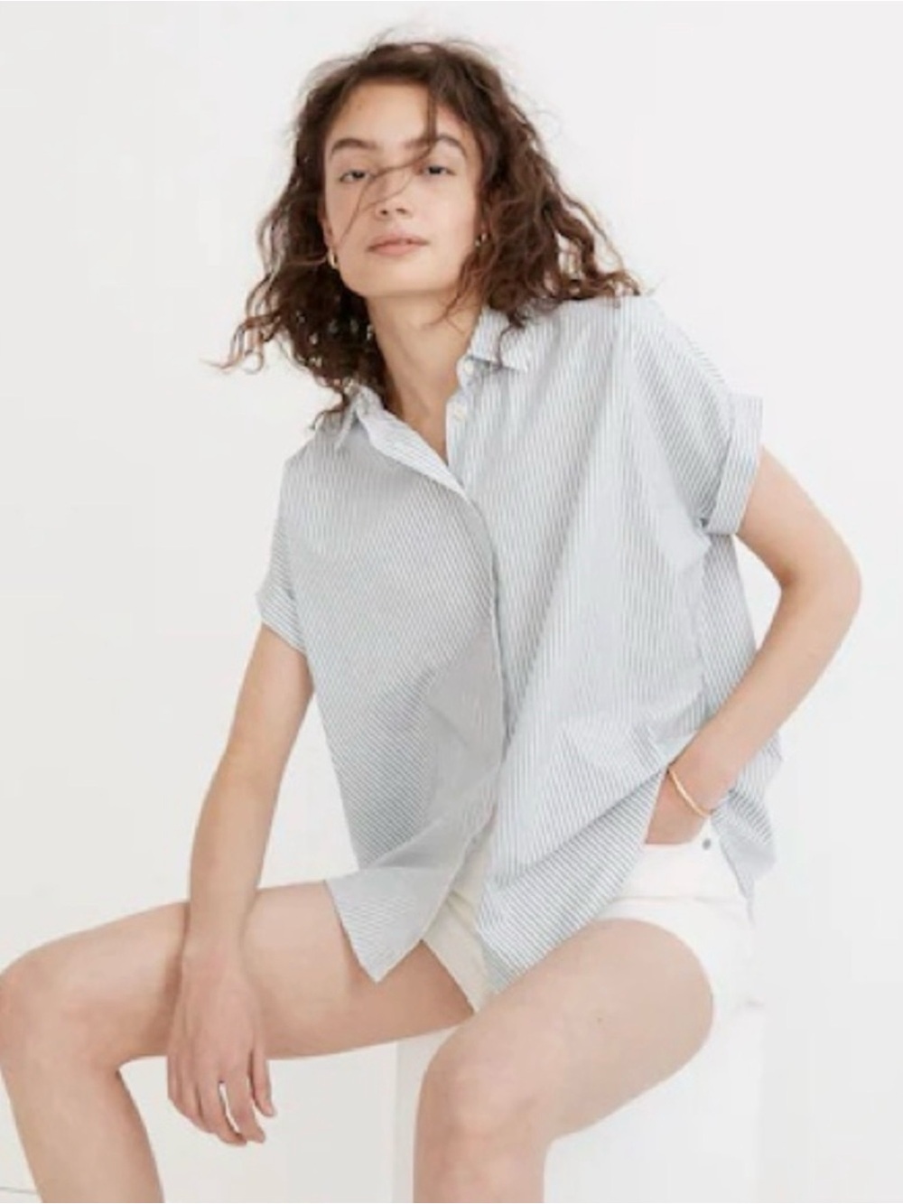 Madewell Courier Blue and White Striped Short Sleeve Blouse